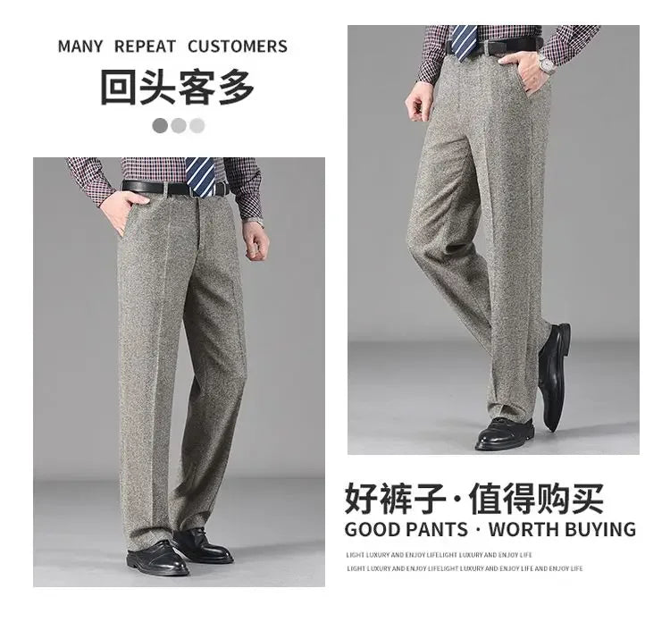 Vintage Autumn Winter Thicken Wool Fleece Suit Pants Men Middle Age High Waist Straight Loose Business Casual Straight Trousers