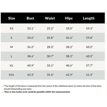 Size chart for a dress with measurements in inches
