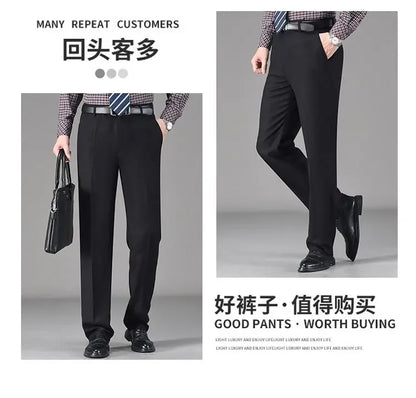 Vintage Autumn Winter Thicken Wool Fleece Suit Pants Men Middle Age High Waist Straight Loose Business Casual Straight Trousers