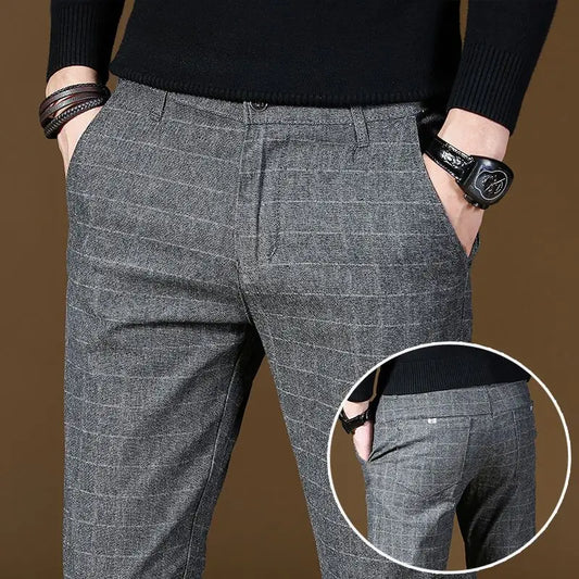 Male Suit Trousers Gray Plaid Check Straight Cheap Clothing Premium Men's Summer Pants Thin Casual Classic Slacks Dress Up