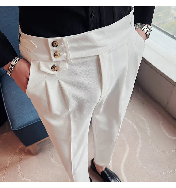 2025 Spring Autumn Men High Waist Belt Design Casual Slim Formal Dress Pant Men Social Office Wedding Party Dress Suit Pants