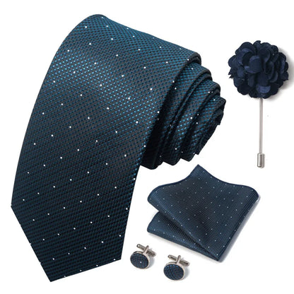 Luxury Men's Floral Tie Set - Black Gold Paisley Necktie with Pocket Square, Cufflinks & Brooch - BOC-WEAR