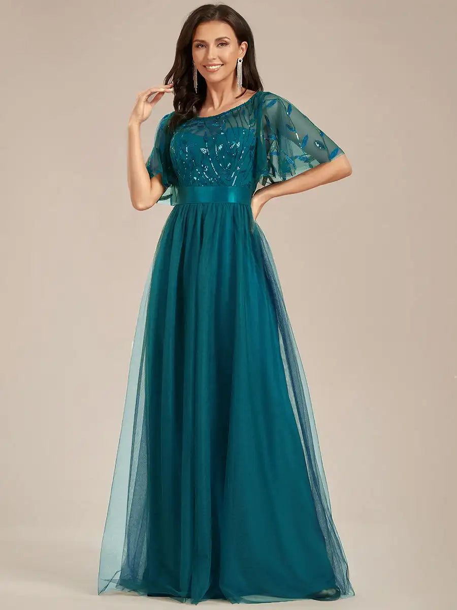 Round Neck Ruffle Sleeve Evening Gown
