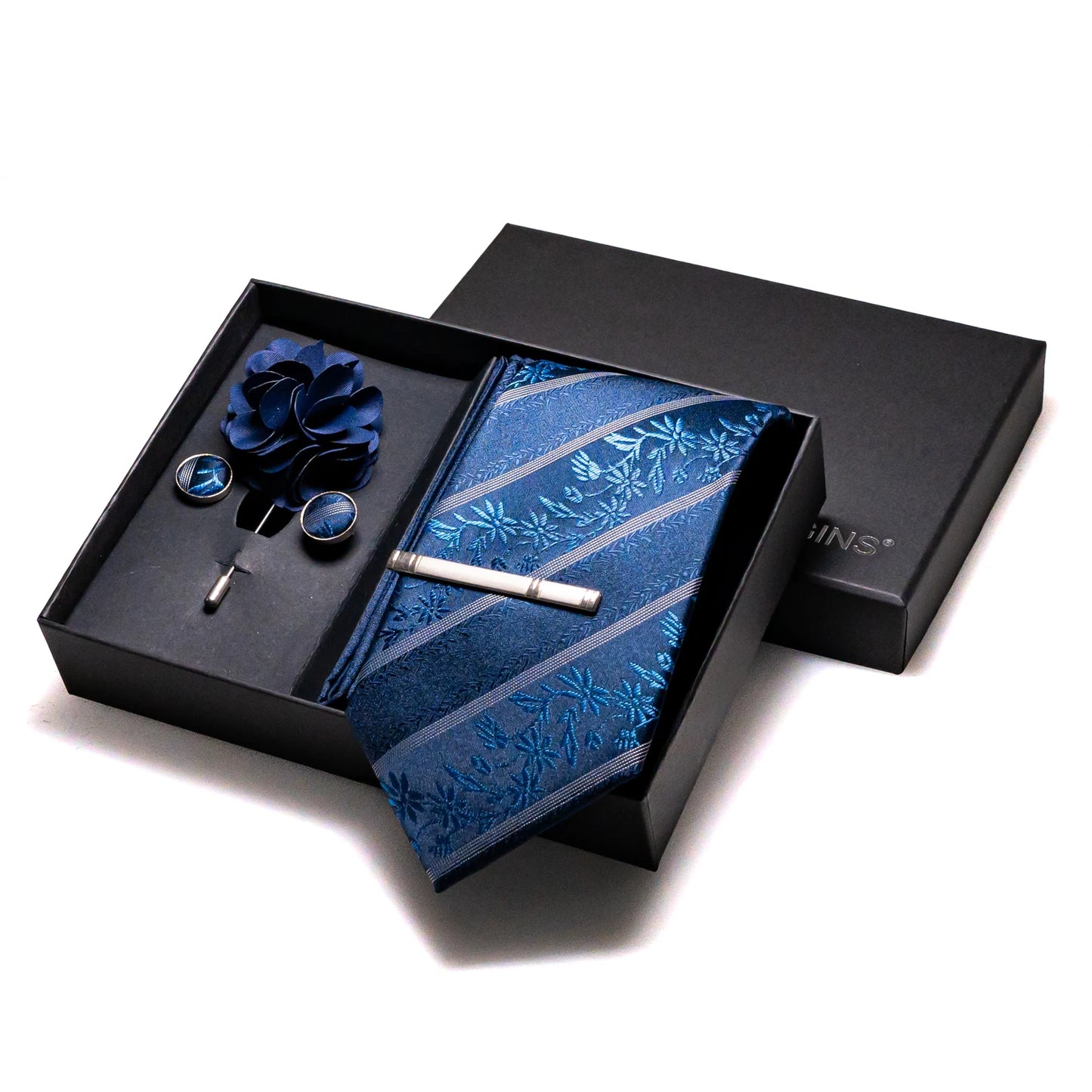 Navy blue Silk Necktie Paisley Floral Mens Tie Pocket Square Cufflinks Set Quality Business Wedding Birthday Gift Box Gravatas - BOC-WEAR