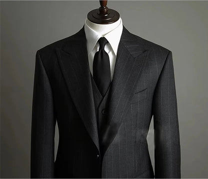 Men's Classic Dark Grey Striped 3-Piece Suit - Formal Business Wedding Groom Suit Set - BOC-WEAR