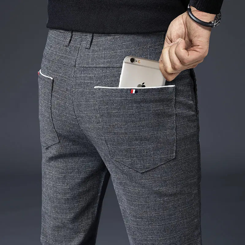 Male Suit Trousers Gray Plaid Check Straight Cheap Clothing Premium Men's Summer Pants Thin Casual Classic Slacks Dress Up