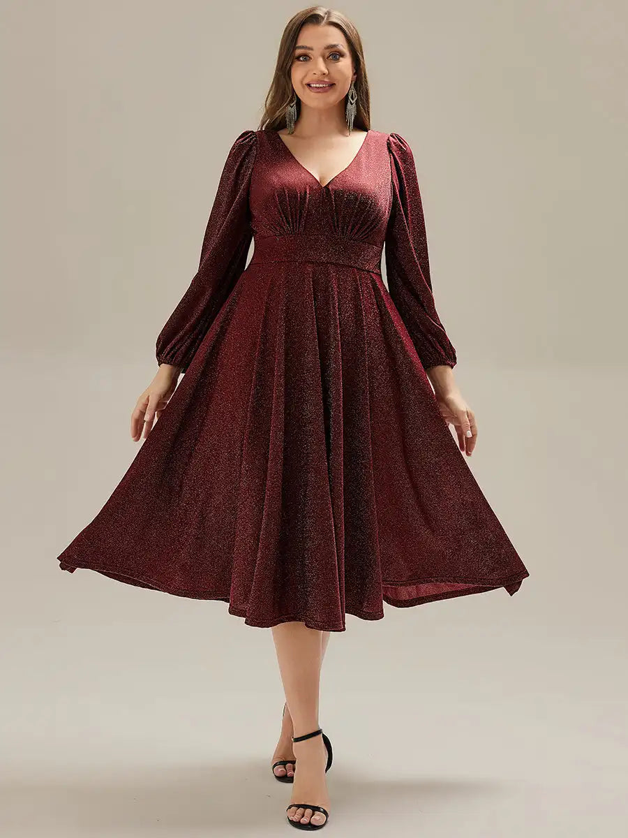 V-Neck A-Line Midi Wedding Guest Dress