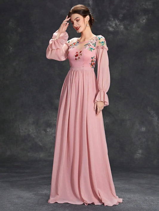 Mgiacy Round neck Color embroidered half-through chiffon chiffon long sleeve dress Ball Dress Party dress Bridesmaid dress