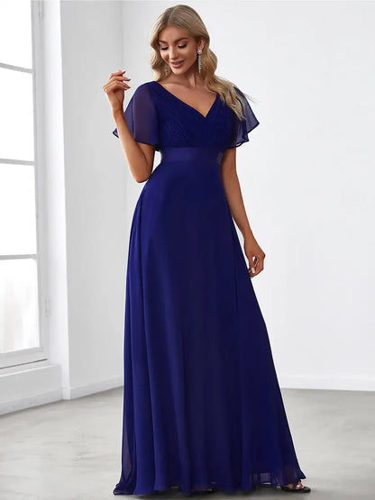 Double V-Neck Ruffled Evening Dress