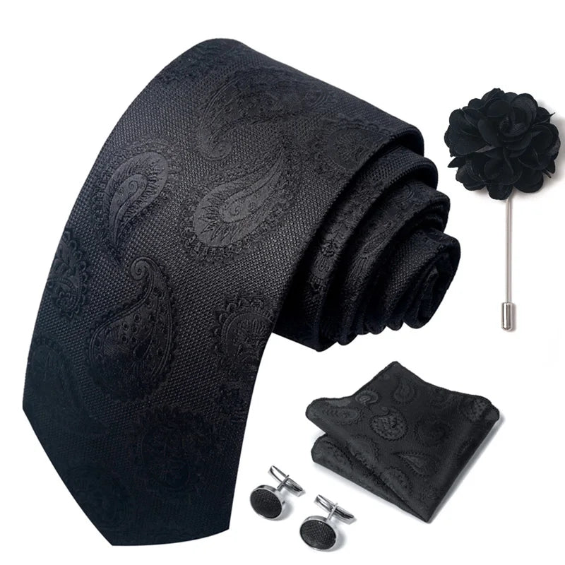 Luxury Men's Floral Tie Set - Black Gold Paisley Necktie with Pocket Square, Cufflinks & Brooch - BOC-WEAR