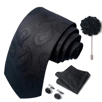 Luxury Men's Floral Tie Set - Black Gold Paisley Necktie with Pocket Square, Cufflinks & Brooch - BOC-WEAR