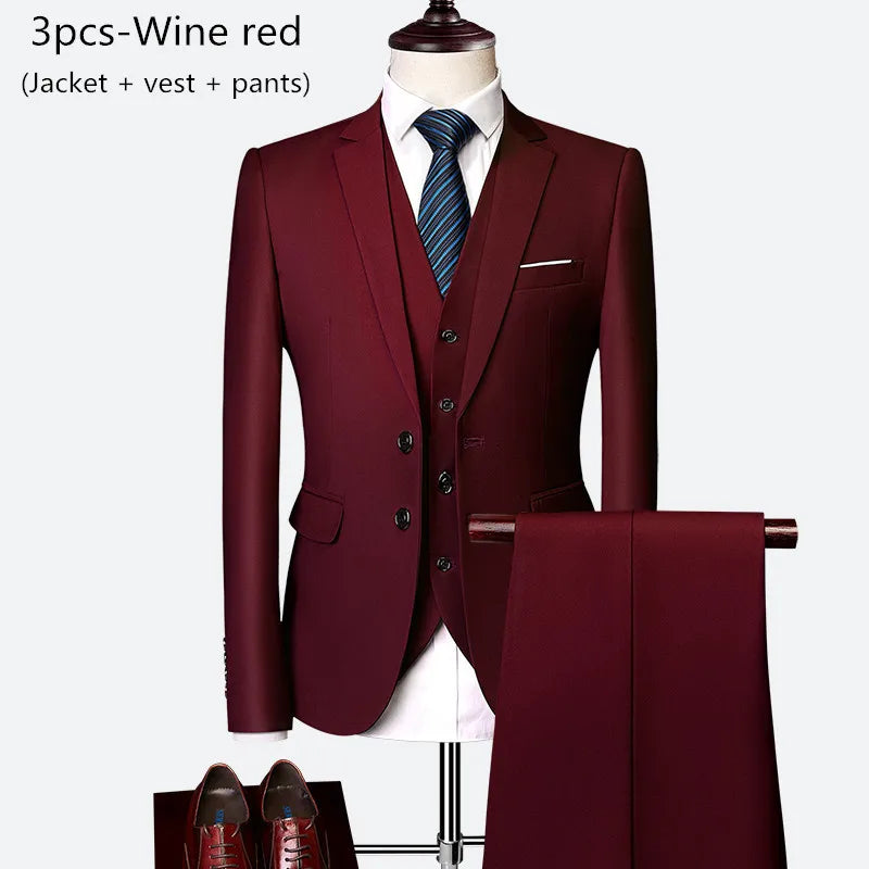 Luxury 3 piece men's wedding suit fashion men's slim solid color business office suit sets large size men Blazer+ pants + vest - BOC-WEAR
