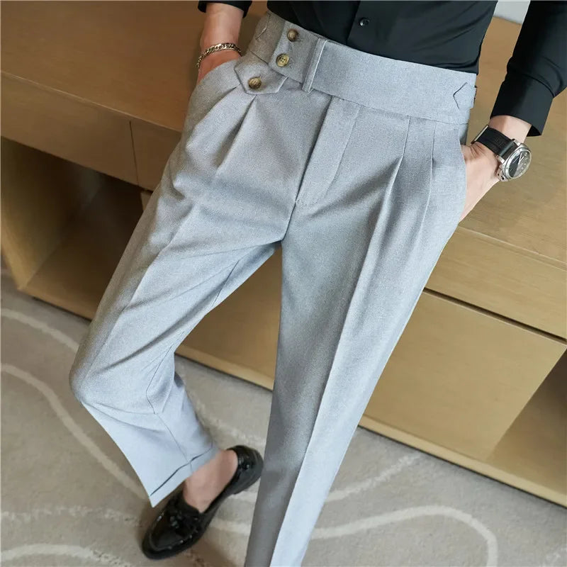 2025 Spring Autumn Men High Waist Belt Design Casual Slim Formal Dress Pant Men Social Office Wedding Party Dress Suit Pants