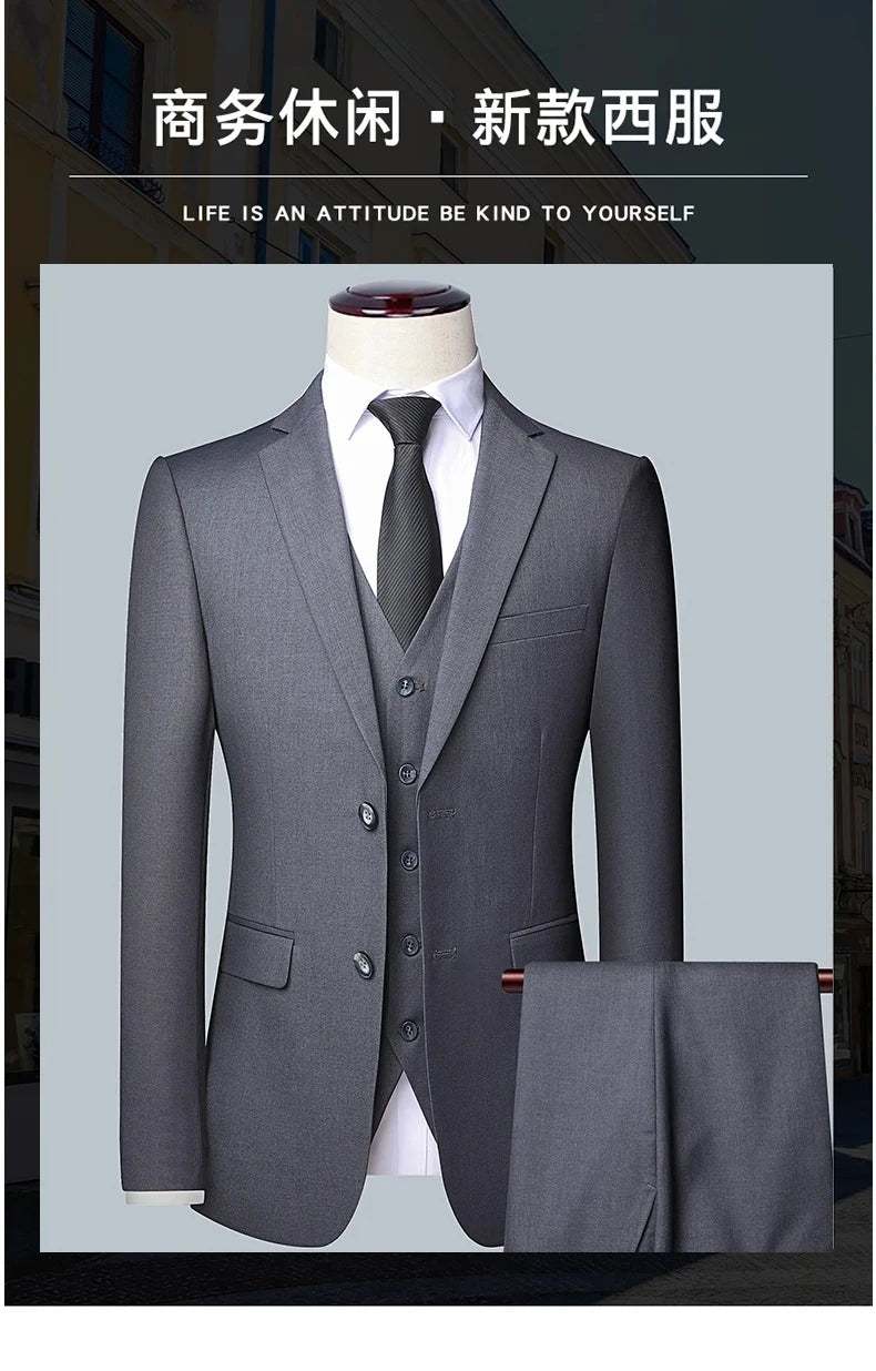Suit Men Fashion  (Blazer+ Vest + Pants)  Business Wedding Work Casual Slim Professional Dress Groom Best Man Gentleman Suit - BOC-WEAR