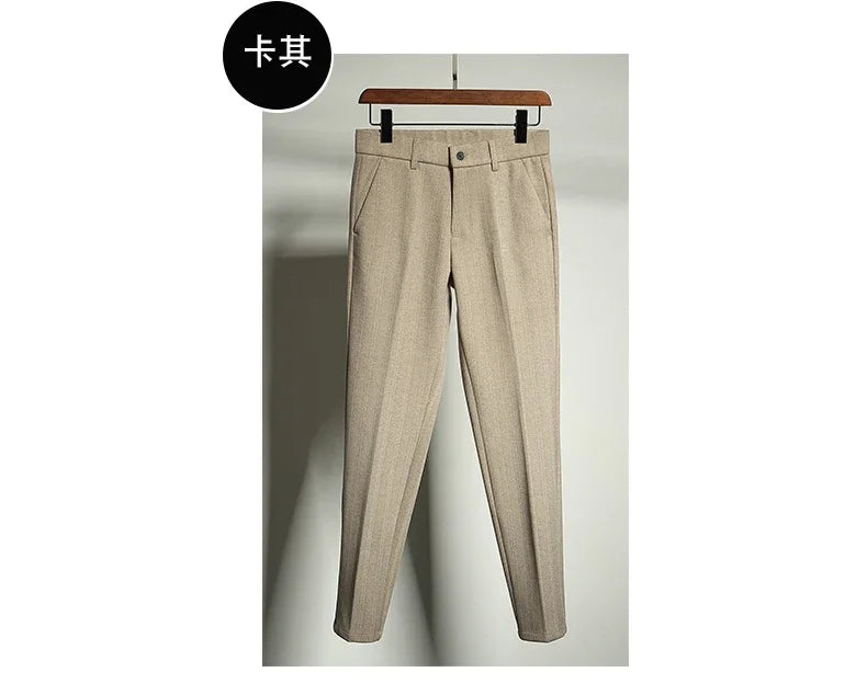 Autumn Winter Thickened Woolen Suit Pant High Quality Men Business Slim Striped Trousers Formal Wear Office Social Dress Pants