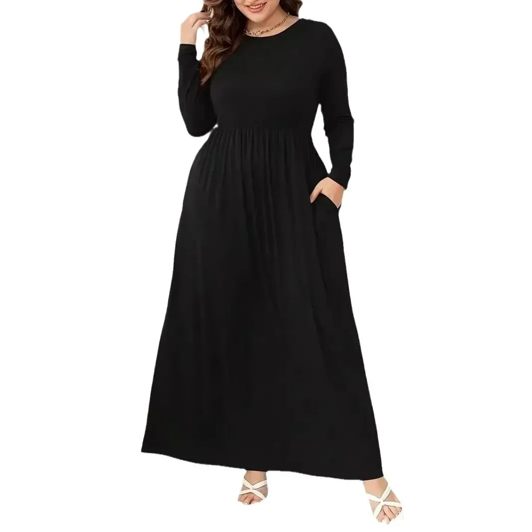 Plus Size Plus Size Solid Color Dress Casual Waist Cinched Long Sleeve round Neck Long Dress Comfortable Fashion Women's Clot... - BOC-WEAR