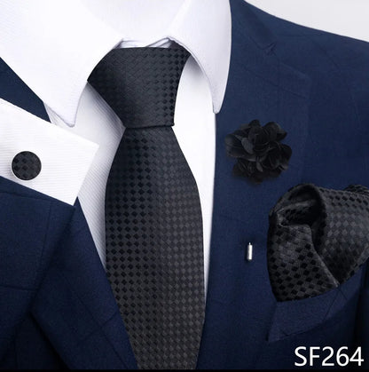 Luxury Men's Floral Tie Set - Black Gold Paisley Necktie with Pocket Square, Cufflinks & Brooch - BOC-WEAR