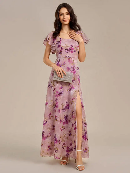 Elegant Evening Dress Short Sleeve Ruffle Backless Floor Length 2025 Ever Pretty of A-Line Light purple printFormal Dresses