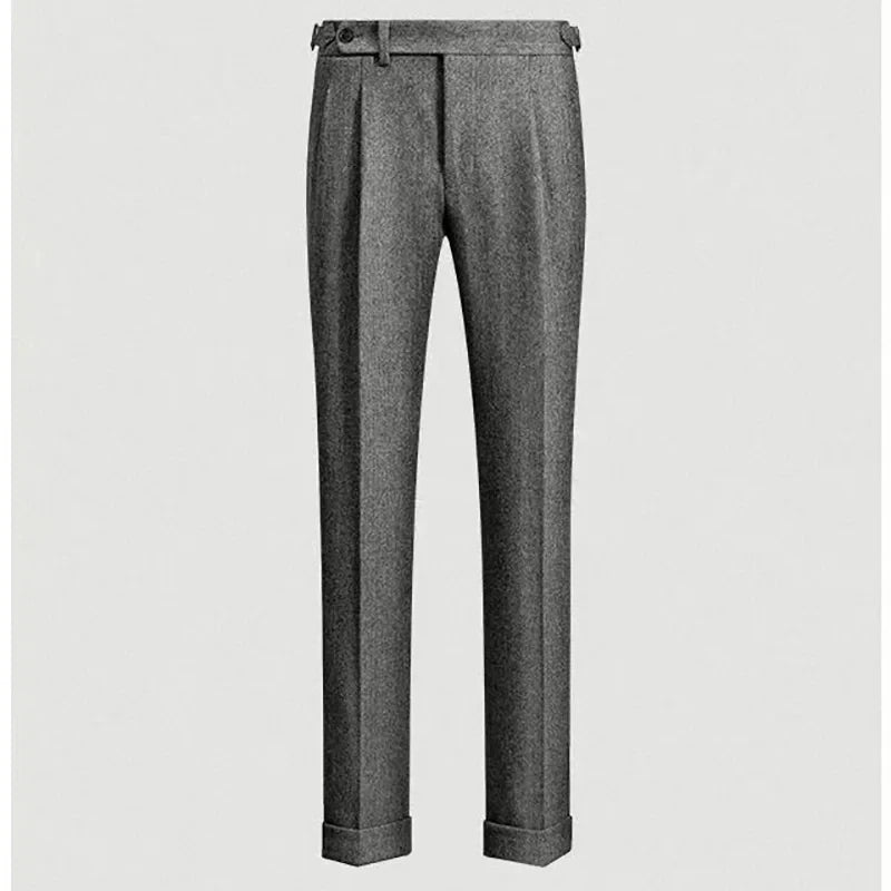 Gray pleated pants on a light gray background