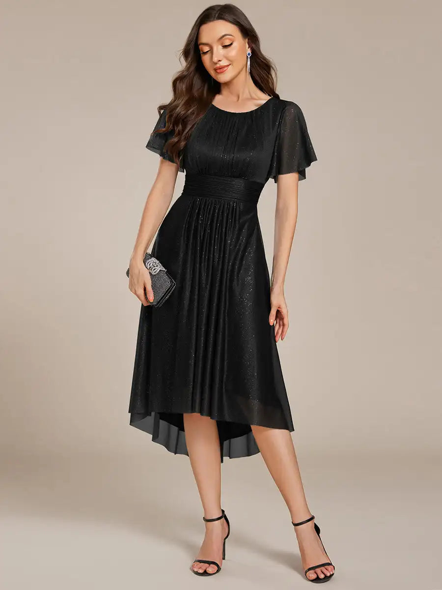 Elegant Evening Dresses Short Sleeves Pleated Ruffle Round Neck Asymmetrical 2025 Ever Pretty of Black Wedding Guest Dress