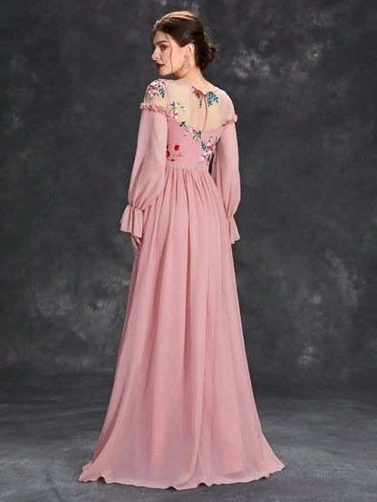Embroidered Chiffon Long Sleeve Ball Dress