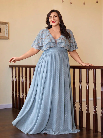 V-Neck Gold Embroidered Chiffon Maxi Dress