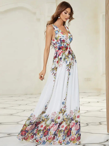 Double V-Neck Chiffon Maxi Prom Dress