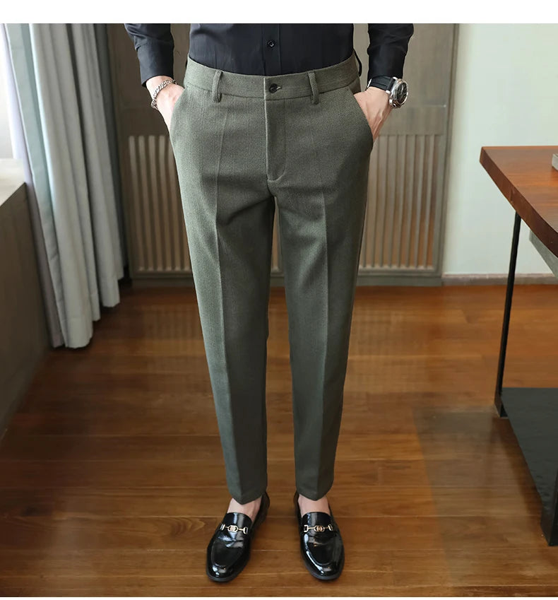 Autumn Winter New Woolen Suit Pants High Quality Striped Slim Fit Dress Pants Men's Formal Business Office Social Trousers