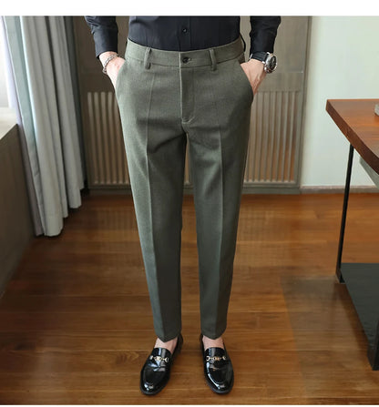 Autumn Winter New Woolen Suit Pants High Quality Striped Slim Fit Dress Pants Men's Formal Business Office Social Trousers