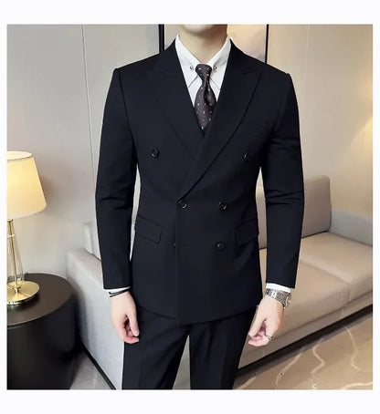 Men's Slim Fit Business Suit Set - Double Breasted Wedding Groom Suit with Pants | British Style - BOC-WEAR