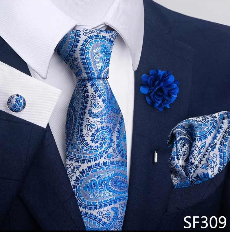 Luxury Men's Floral Tie Set - Black Gold Paisley Necktie with Pocket Square, Cufflinks & Brooch - BOC-WEAR