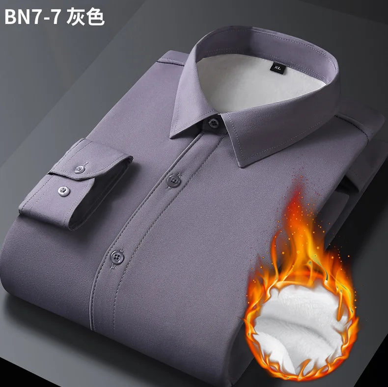 2025 Men's Autumn Winter Long Sleeve Shirts White Warm Fleece Stretch Shirt Formal Business Office Wear Dress Shirts Male M-5XL - BOC-WEAR