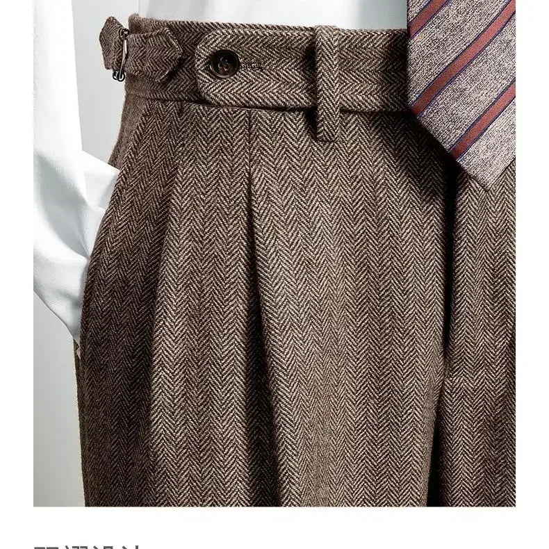2025 Men's Autumn Winter Fashion High Waist Wool Trousers Male Tweed Casual Pockets Pants Men Long Straight Suit Pants
