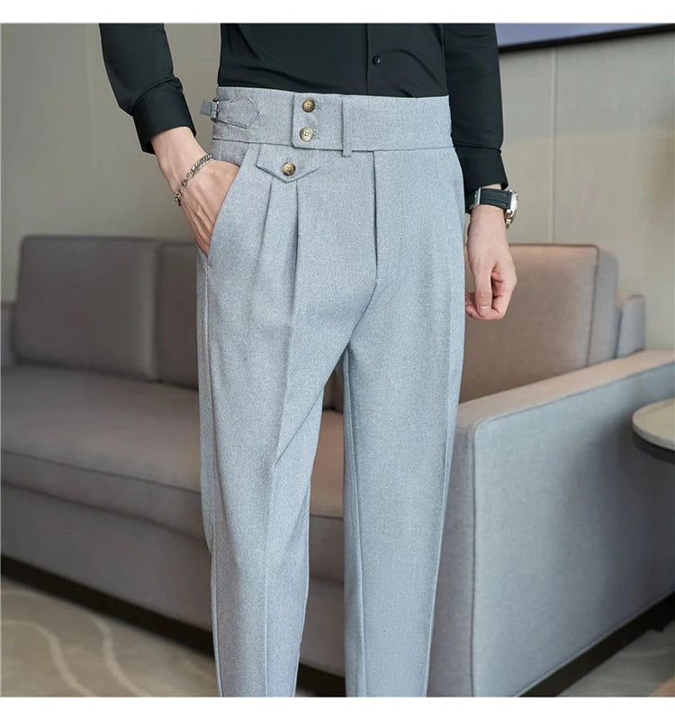 2025 Spring Autumn Men High Waist Belt Design Casual Slim Formal Dress Pant Men Social Office Wedding Party Dress Suit Pants