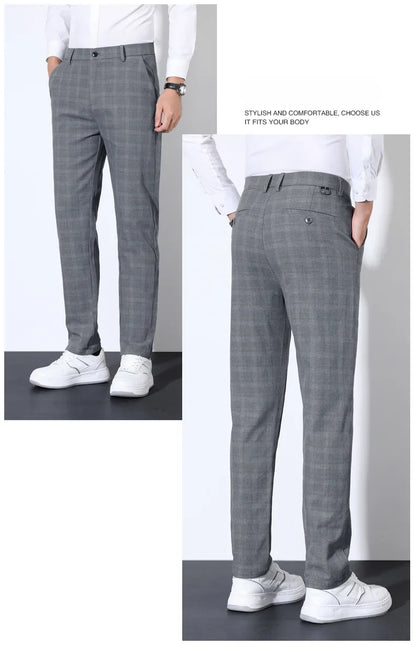 Autumn Winter Men's Plaid Striped Suit Pants Cotton Stretch Straight Business Casual High Quality Classic Fashion Trousers Male