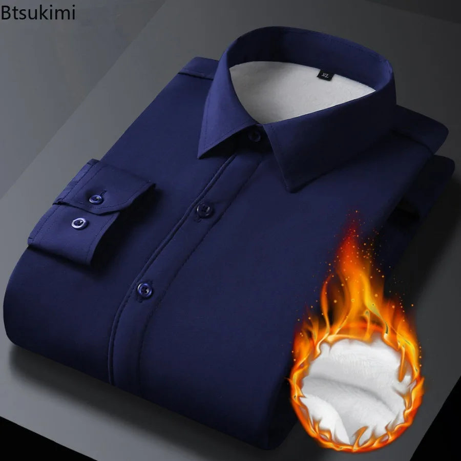 2025 Men's Autumn Winter Long Sleeve Shirts White Warm Fleece Stretch Shirt Formal Business Office Wear Dress Shirts Male M-5XL - BOC-WEAR