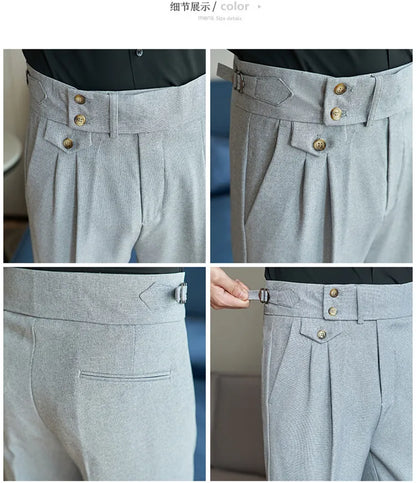 2025 Spring Autumn Men High Waist Belt Design Casual Slim Formal Dress Pant Men Social Office Wedding Party Dress Suit Pants