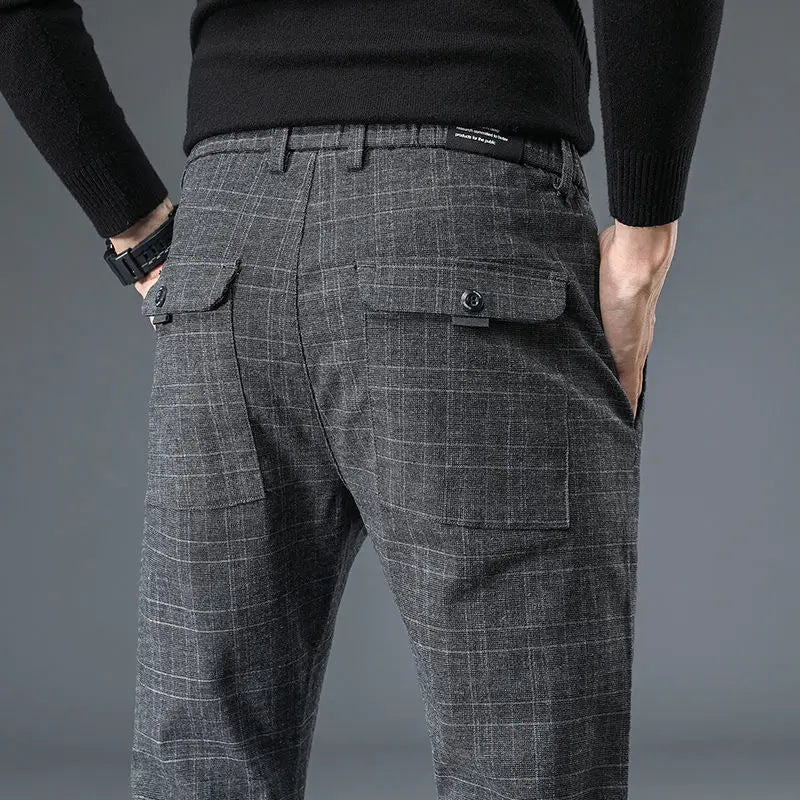 Male Suit Trousers Gray Plaid Check Straight Cheap Clothing Premium Men's Summer Pants Thin Casual Classic Slacks Dress Up