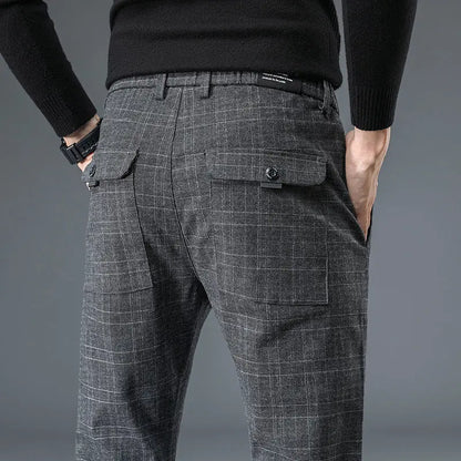 Male Suit Trousers Gray Plaid Check Straight Cheap Clothing Premium Men's Summer Pants Thin Casual Classic Slacks Dress Up