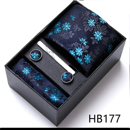 Top Grade Holiday Gift Box 7.5 cm Green Print Tie Pocket Squares Cufflink Set Gravatas Man Suit Accessories Fit Formal Party - BOC-WEAR