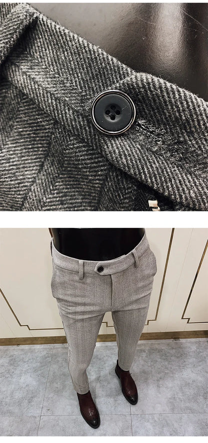 Autumn Winter Thickened Woolen Suit Pant High Quality Men Business Slim Striped Trousers Formal Wear Office Social Dress Pants