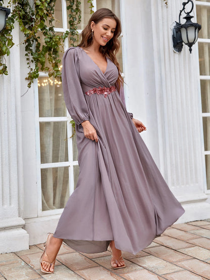 V-Neck Beaded Print Chiffon Maxi Dress