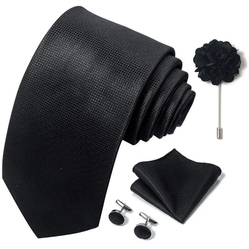 Luxury Men's Floral Tie Set - Black Gold Paisley Necktie with Pocket Square, Cufflinks & Brooch - BOC-WEAR