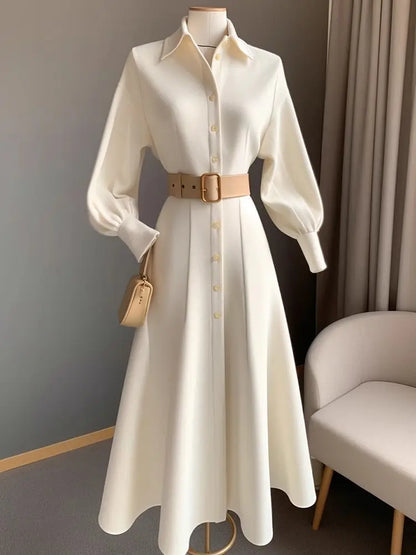 Women's Elegant White Shirt Dress - Korean Style A-Line Waist Cinching Dress for Work & Church - BOC-WEAR