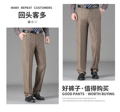 Vintage Autumn Winter Thicken Wool Fleece Suit Pants Men Middle Age High Waist Straight Loose Business Casual Straight Trousers
