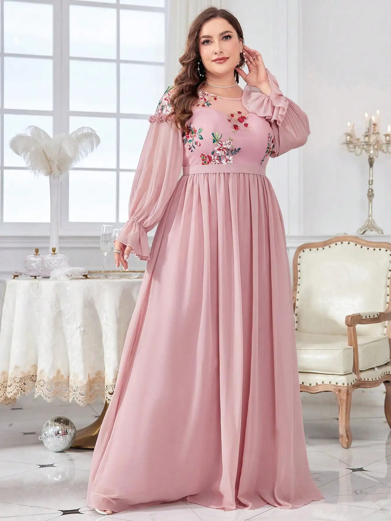 Plus Size Embroidered Chiffon Long Sleeve Dress