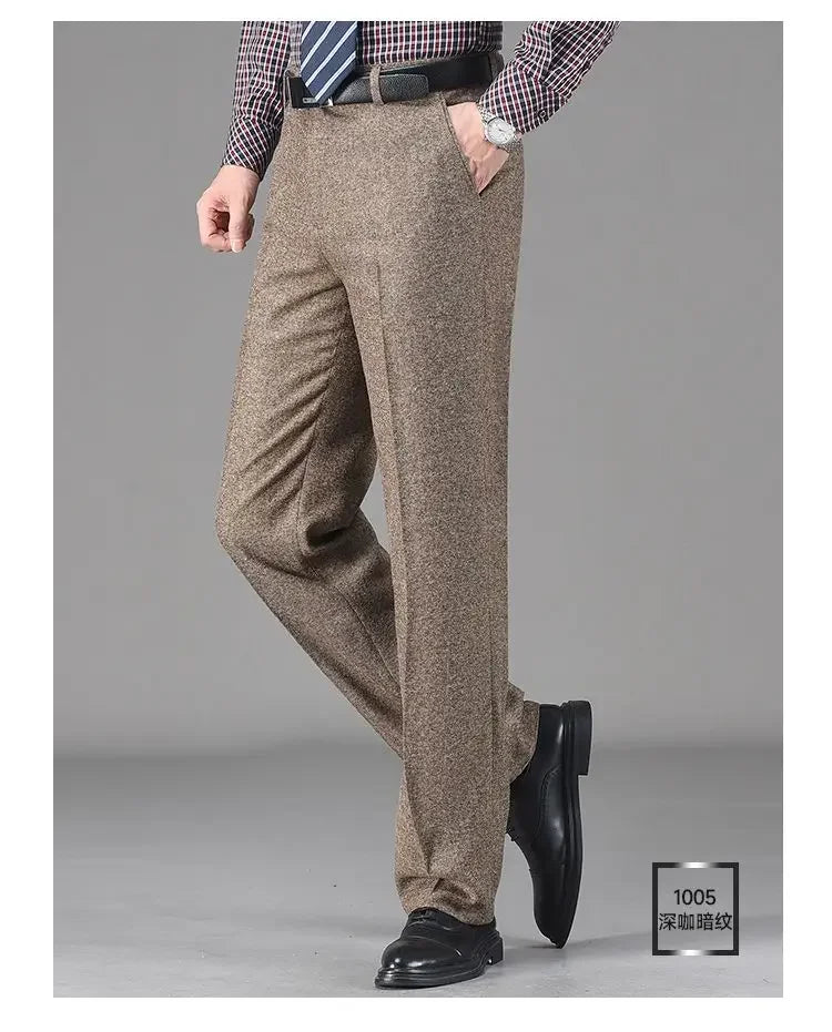 Vintage Autumn Winter Thicken Wool Fleece Suit Pants Men Middle Age High Waist Straight Loose Business Casual Straight Trousers