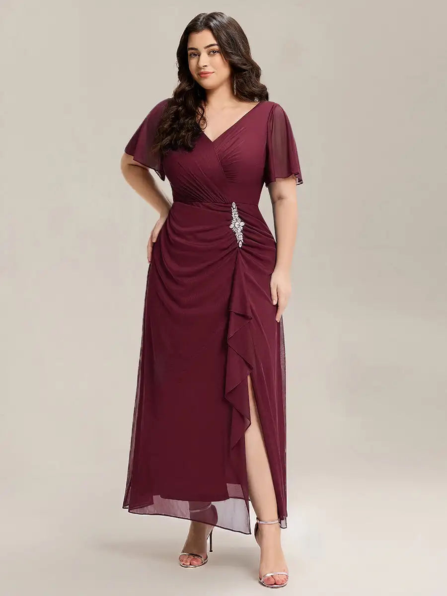 Plus Size Ruffled V-Neck Slit Maxi Dress