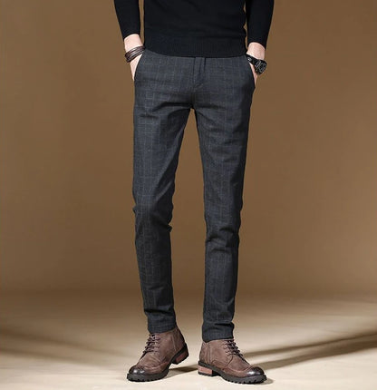 Male Suit Trousers Gray Plaid Check Straight Cheap Clothing Premium Men's Summer Pants Thin Casual Classic Slacks Dress Up