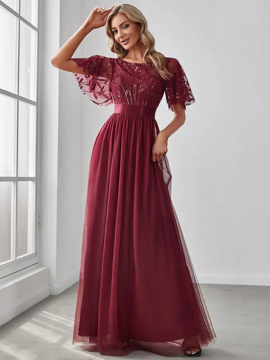 Round Neck Ruffle Sleeve Evening Gown